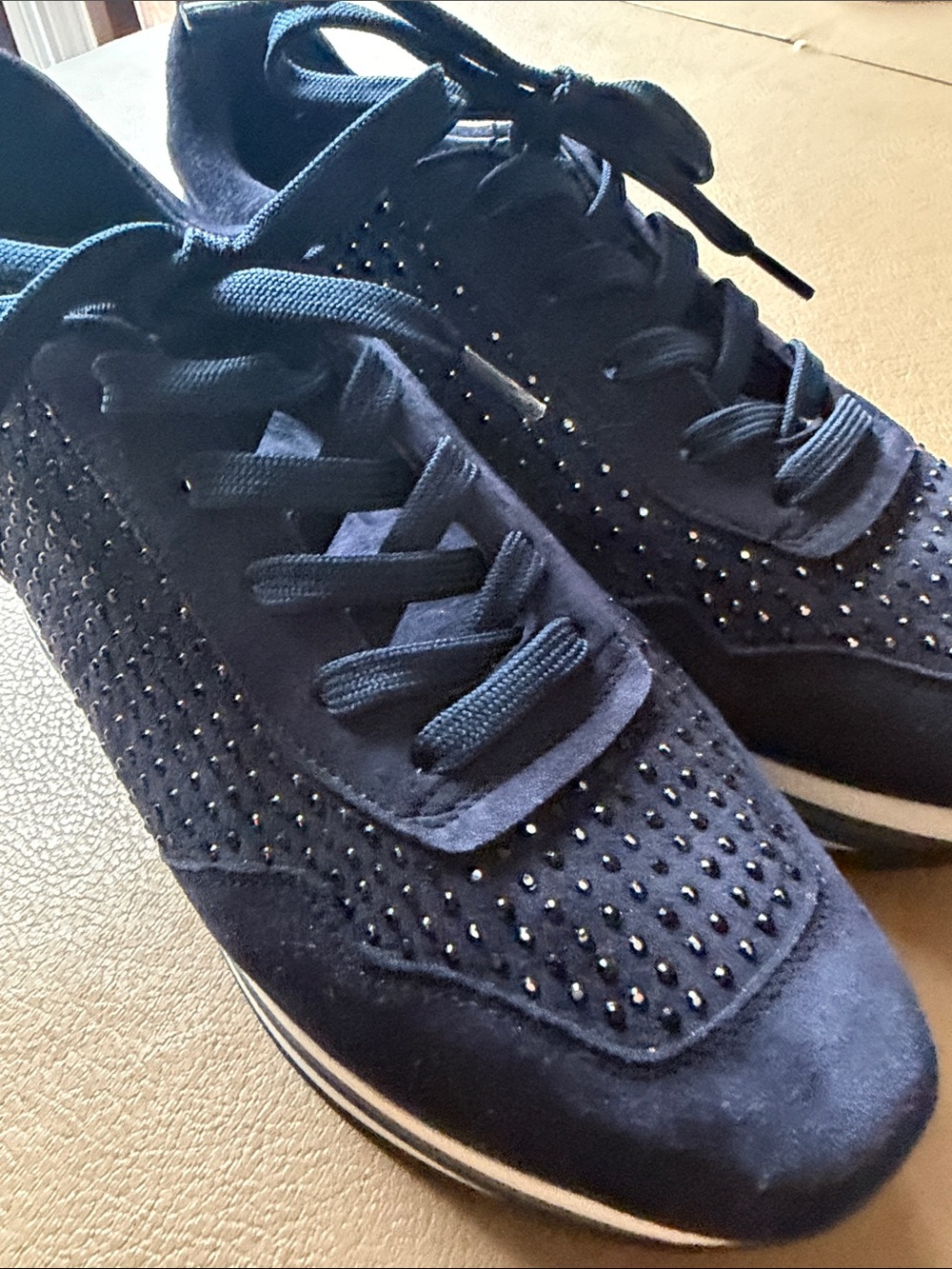 Softwaves Women's Navy Suede Crystal Studded Lace-Up Sneakers